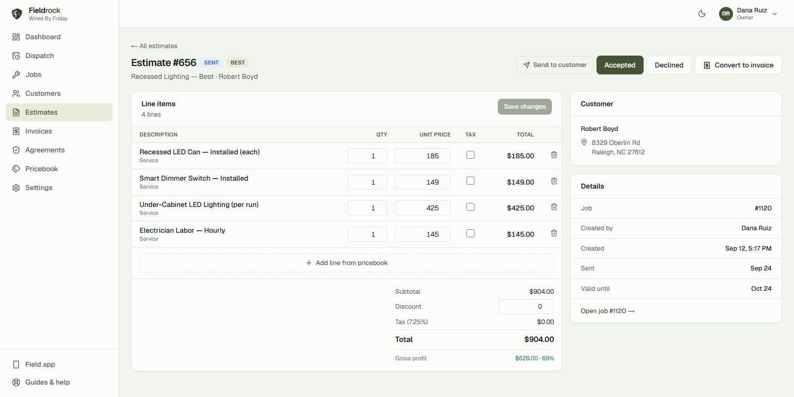 An estimate in FieldRock with line items from the pricebook and the gross profit showing under the total.