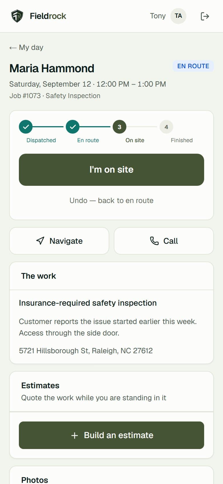 The FieldRock field app on a phone, showing a technician’s job with status buttons.